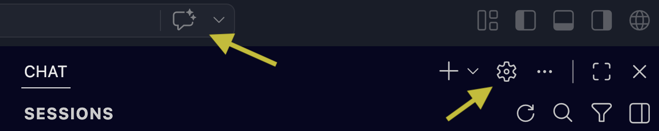 Screenshot of the Copilot Chat view with the Configure gear icon in the Chat view header