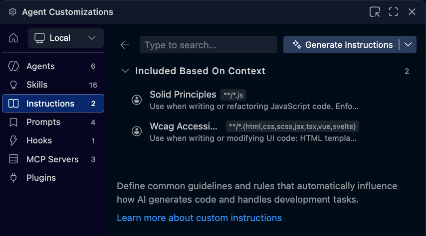 Screenshot of the Agent Customizations view showing the Instructions section