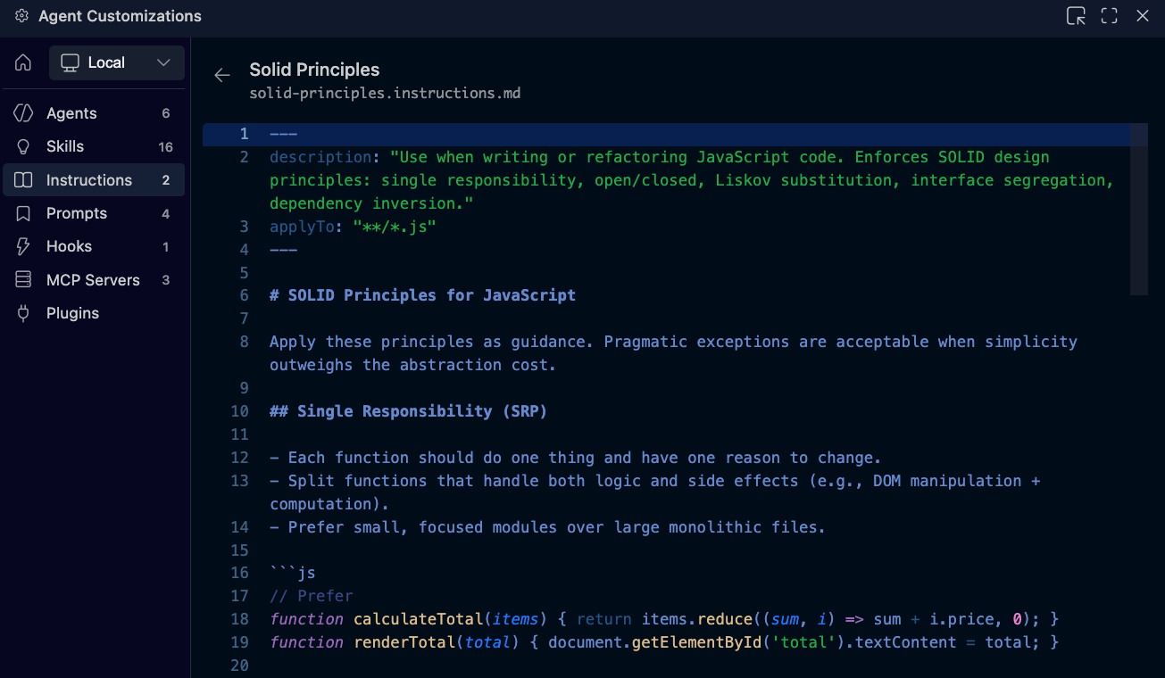 Screenshot of a custom instruction file enforcing SOLID principles