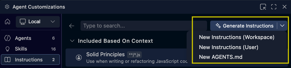 Screenshot of the Agent Customizations view showing the option to generate custom instructions