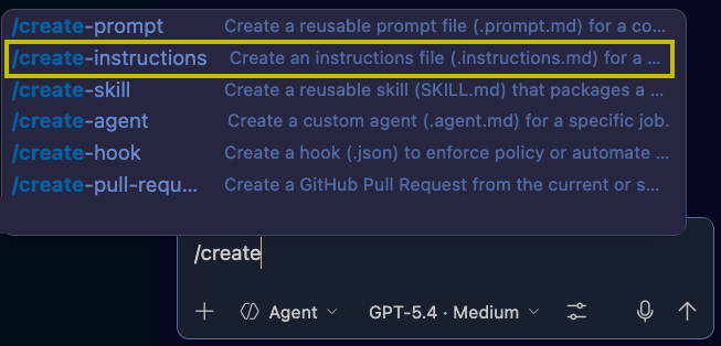 Screenshot of the Copilot Chat view showing the /create-instructions slash command