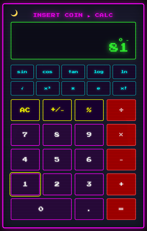 Screenshot of the calculator app after applying the 80s arcade theme