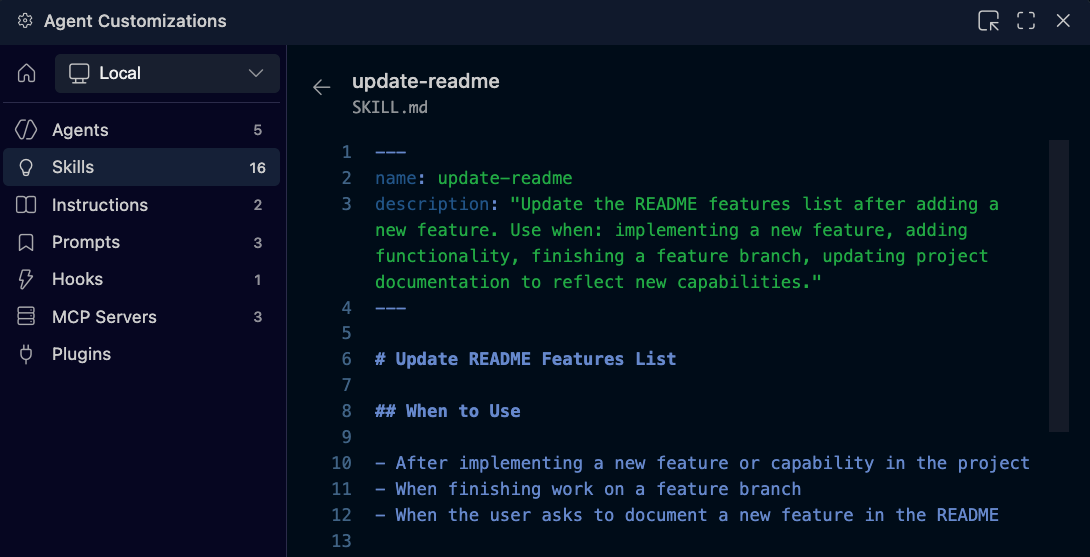 Diagram of the agent skill file structure showing description, rules, and dependencies