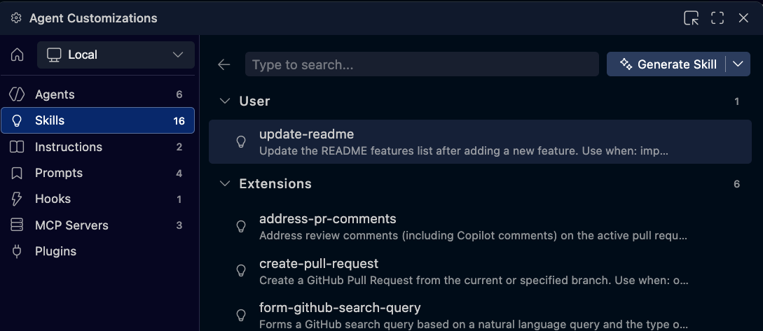 Screenshot of the Agent Customizations view showing the Skills section with built-in and custom skills