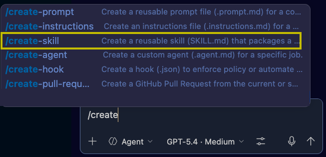 Screenshot of Copilot Chat showing the result of the /create-skill command