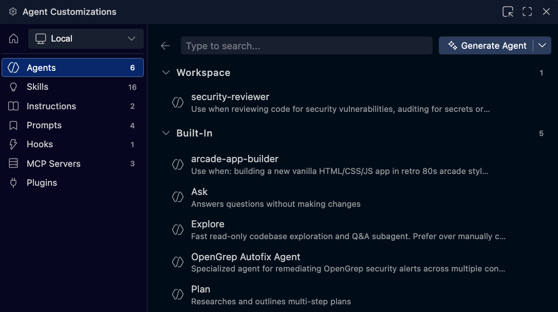 Screenshot of the Agent Customizations view showing the Agents section with built-in and custom agents