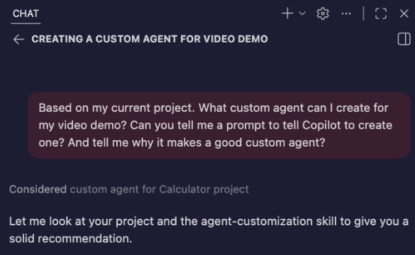 Screenshot of Copilot Chat showing a prompt asking Copilot to suggest a custom agent for a project