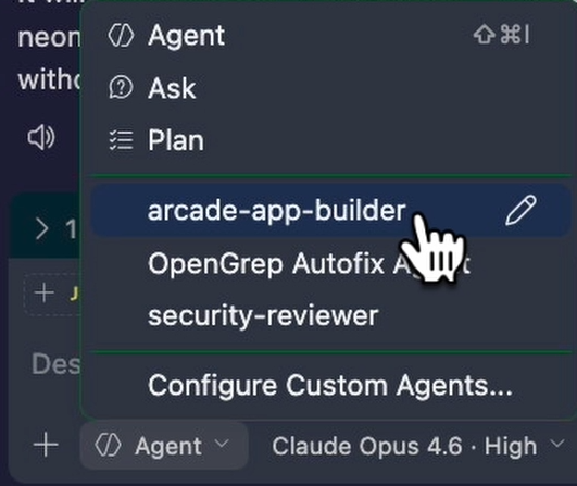 Screenshot of the Copilot Chat view showing the arcade app builder agent selected from the dropdown
