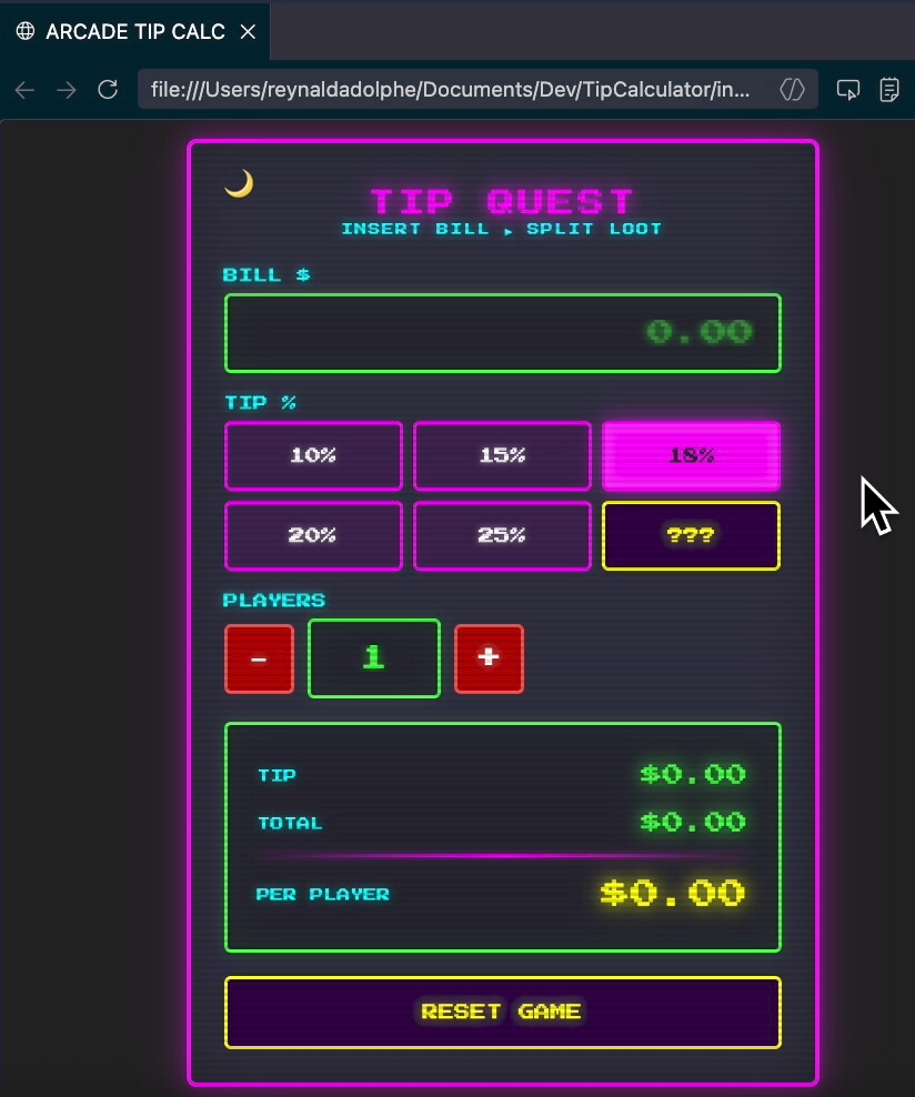 Screenshot of the arcade-themed tip calculator app generated by the custom agent