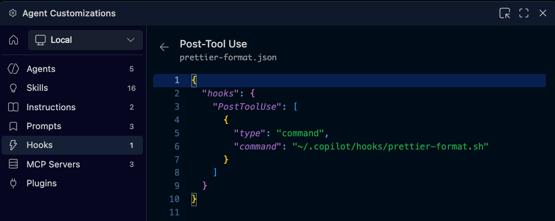 Screenshot of a hook configuration that runs Prettier automatically after a tool completes