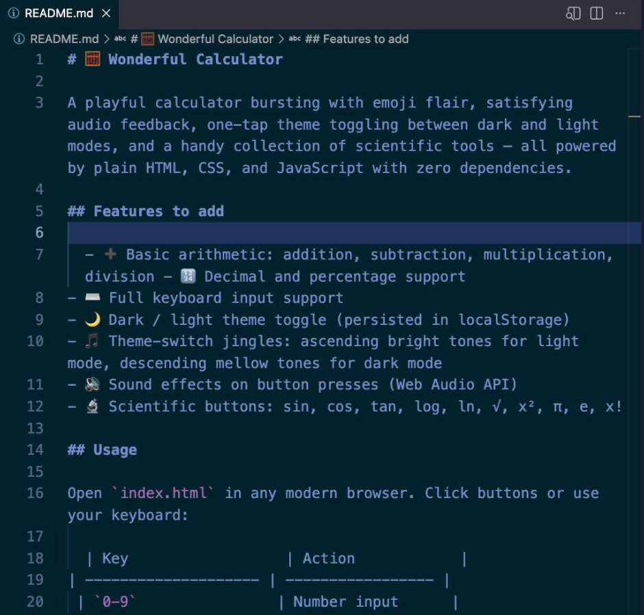 Screenshot of a README file before the Prettier hook formats it