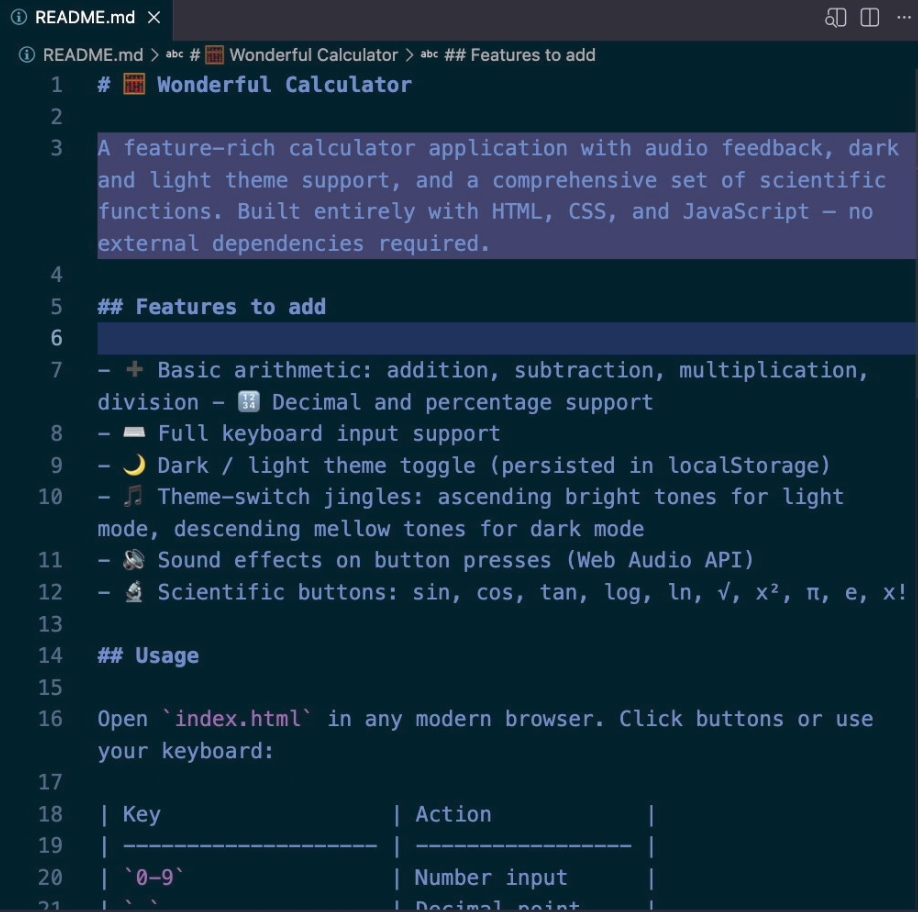 Screenshot of the README file after the Prettier hook automatically formats it