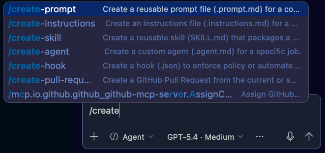 Screenshot of Copilot Chat showing the command to create a new prompt file