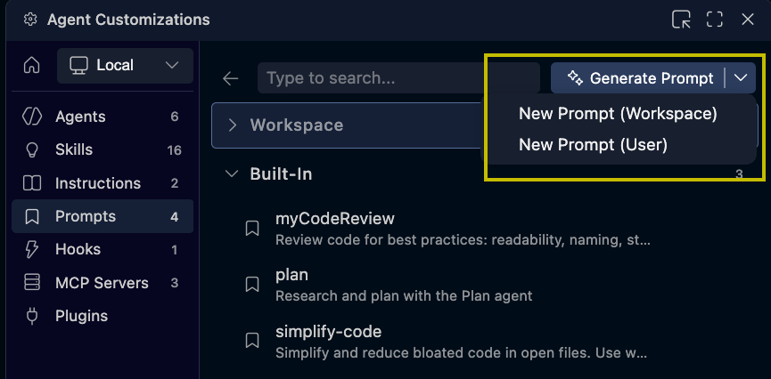 Screenshot of the prompt file scope selection showing workspace and user-level options