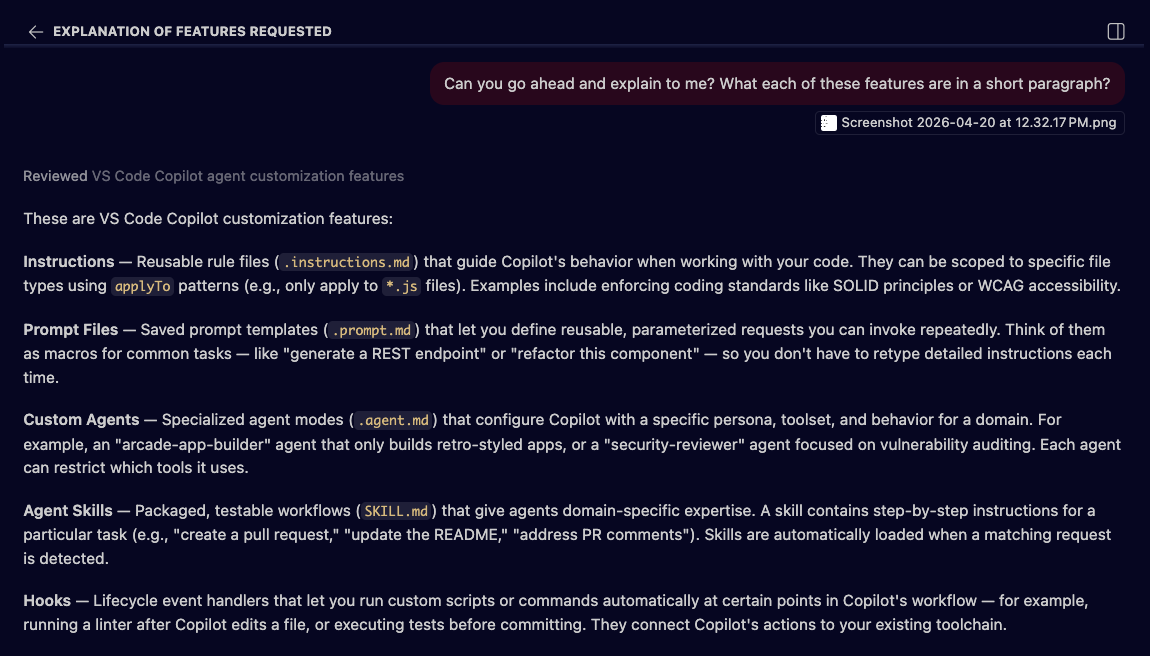 Screenshot of Copilot Chat explaining the differences between VS Code customization features