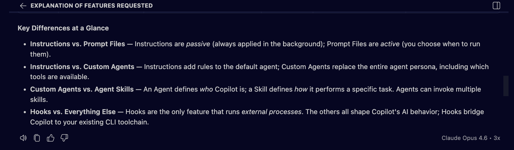 Screenshot of Copilot Chat highlighting key differences between custom instructions, agents, skills, and hooks