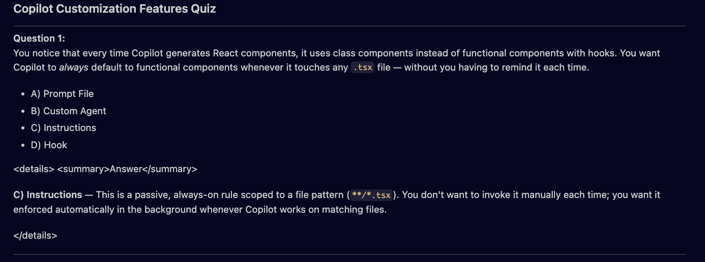Screenshot of Copilot Chat generating scenario-based quiz questions about VS Code customization features