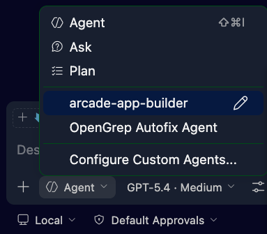 Screenshot of the arcade app builder custom agent selected in Copilot Chat