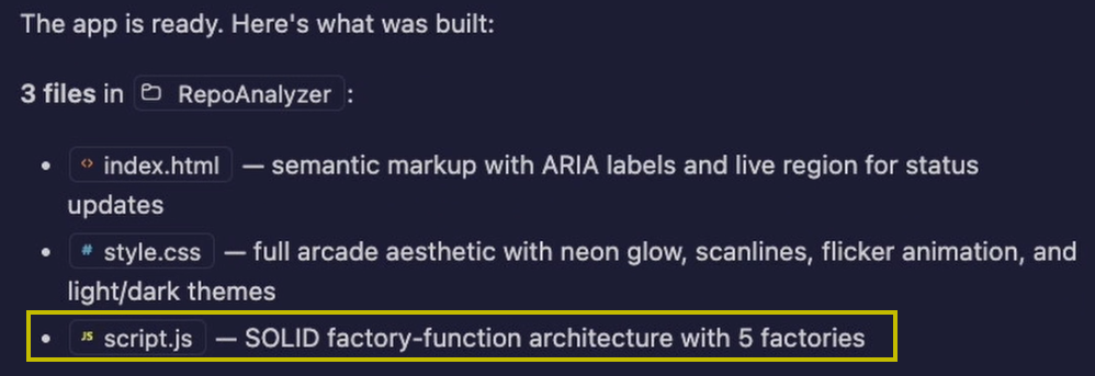 Screenshot of Copilot Chat confirming that SOLID principles were applied during code generation