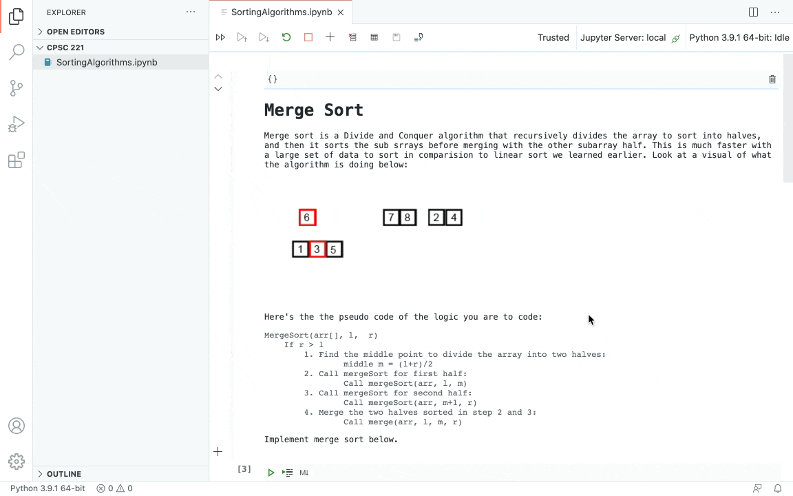 Teaching merge sort in a Notebook