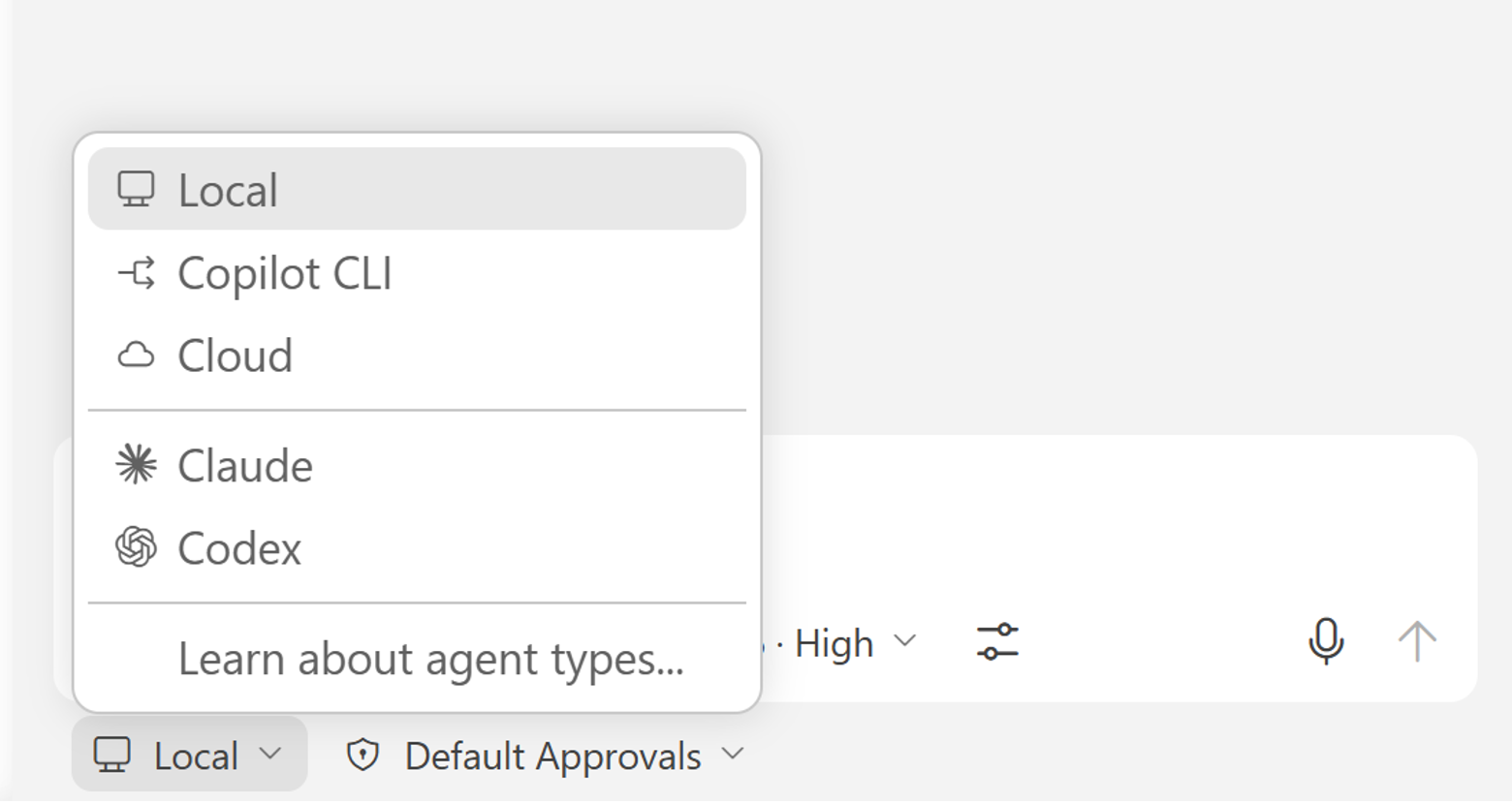 Screenshot of the agent type picker in VS Code, showing options for choosing where the agent runs and handing off between agent types.