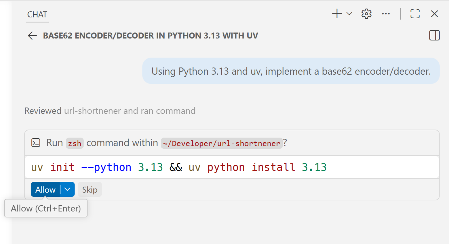 Approval prompt in VS Code chat asking permission before running a terminal command.