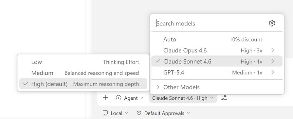 Model picker in VS Code chat showing available AI models and thinking effort options.