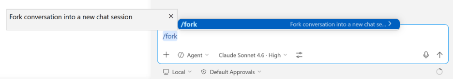 Using the /fork command in the VS Code chat input to create a new session from the current point
