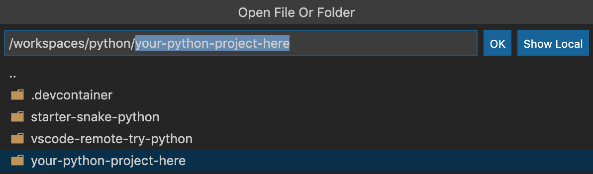 Open python folder in the container