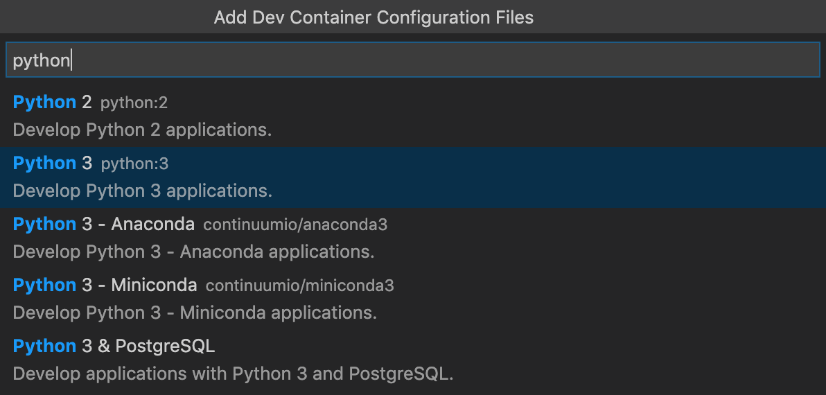 Select a python dev container definition