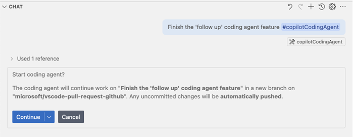 Screenshot showing handing off a session to the coding agent.