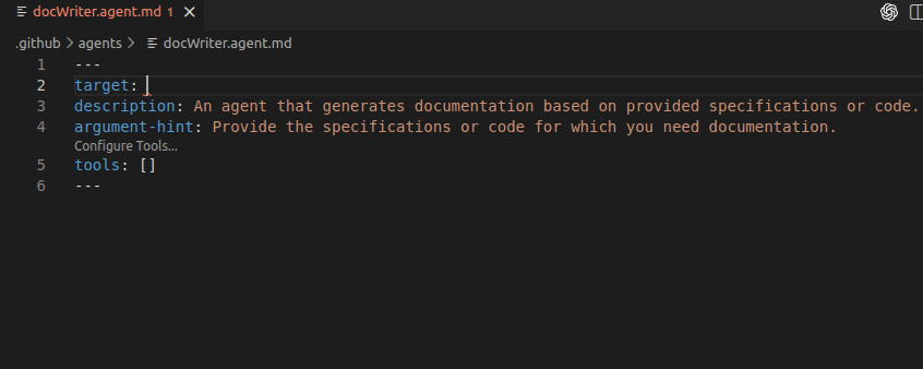 GIF of validation while editing custom agent files.