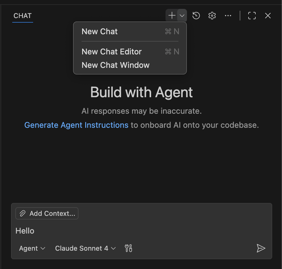 Screenshot of the action to create a new chat dropdown menu.