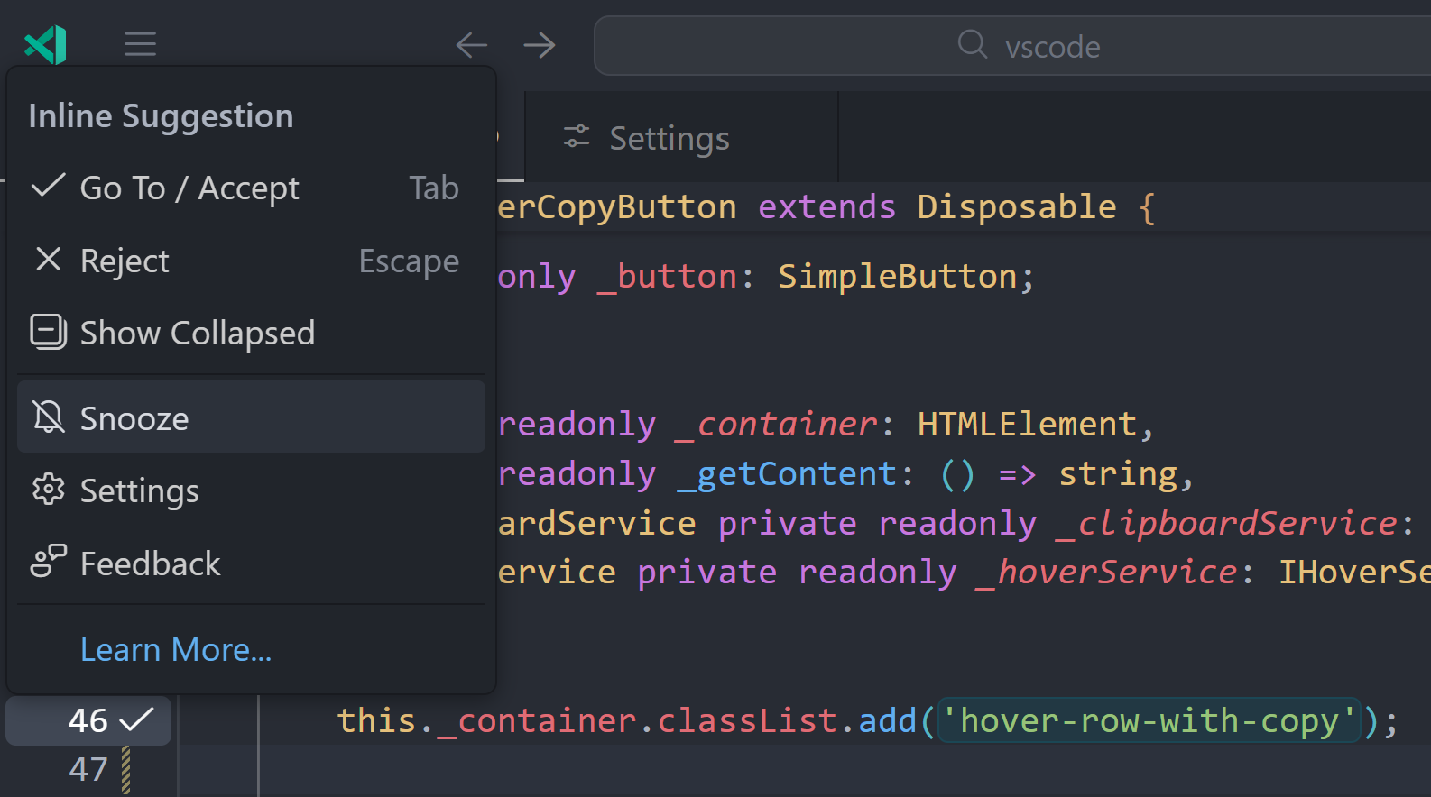 Screenshot showing the Snooze button in the gutter context menu for inline suggestions.