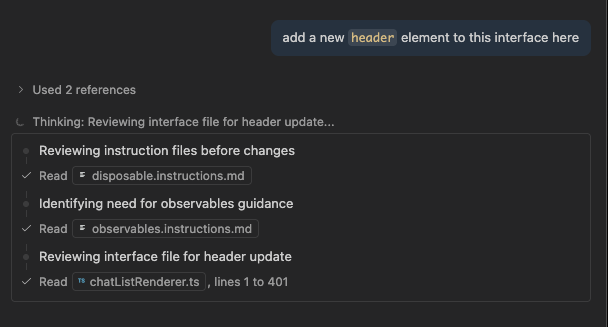 Screenshot showing reasoning tokens displayed in chat with interweaved tool cals and reasoning output. This is the UI with  and  for the respective thinking settings.