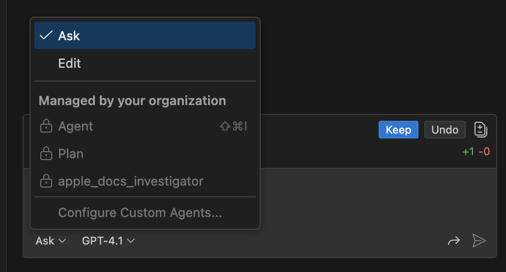 Screenshot of the Agent picker shows agent mode unavailable due to enterprise policy.
