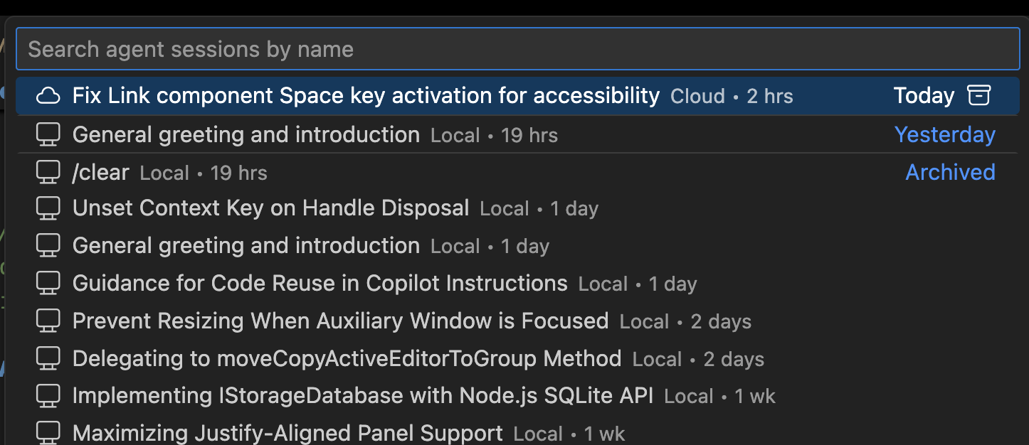 Screenshot of the chat Quick Pick showing a list of agent sessions.