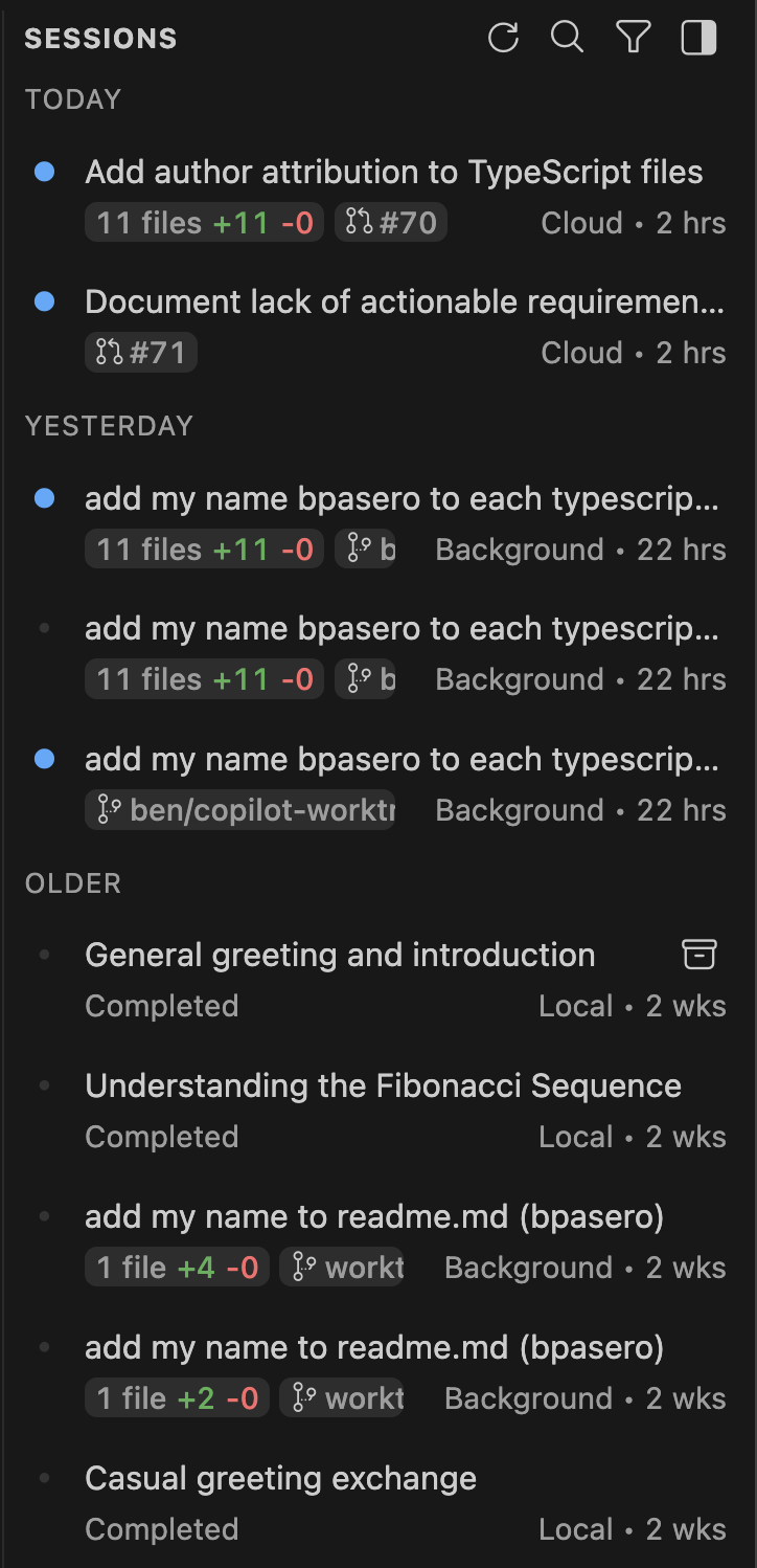 Screenshot of the Agent Sessions view showing changed files and associated pull requests for sessions.