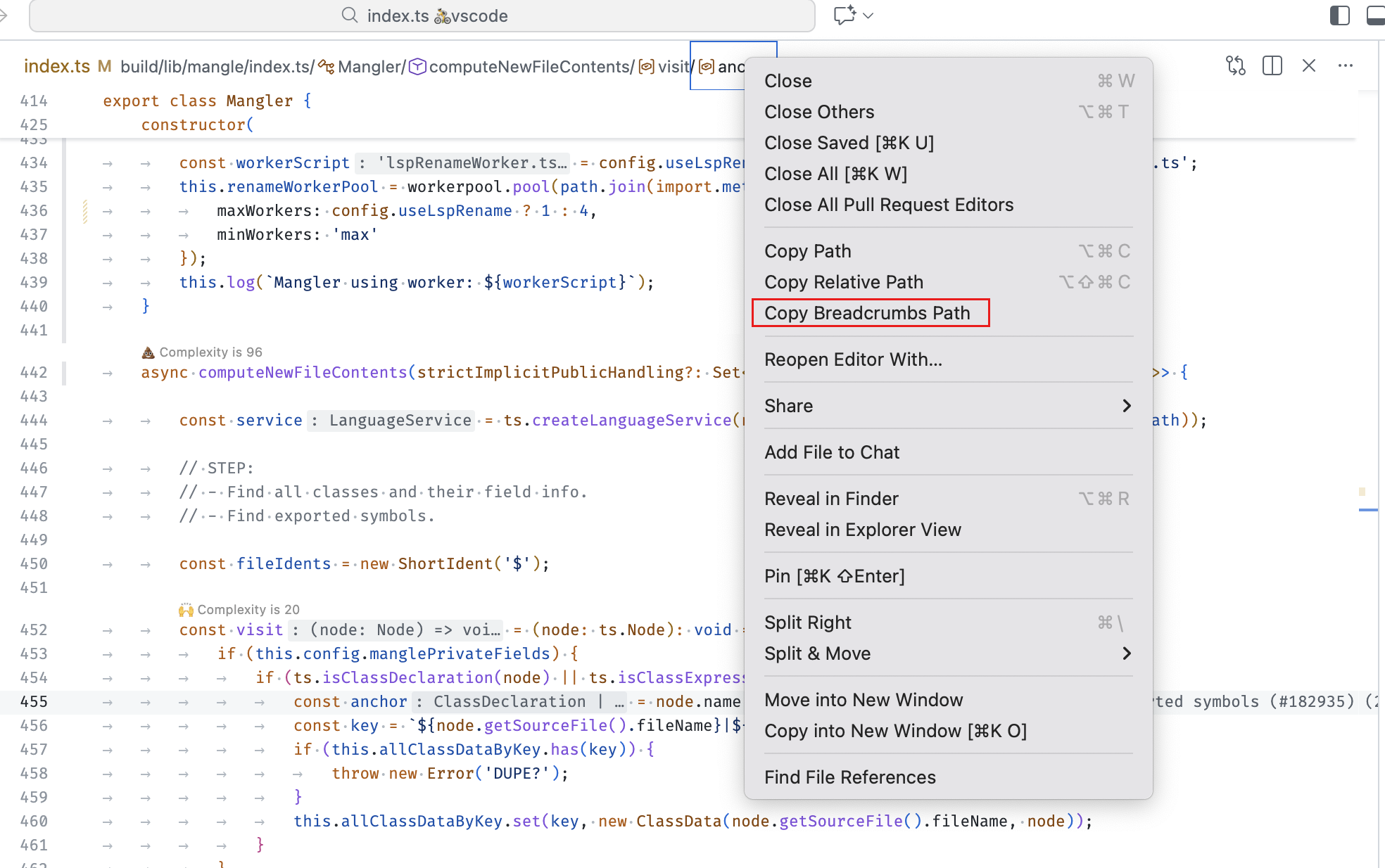 Screenshot of the Copy Breadcrumbs Path command.