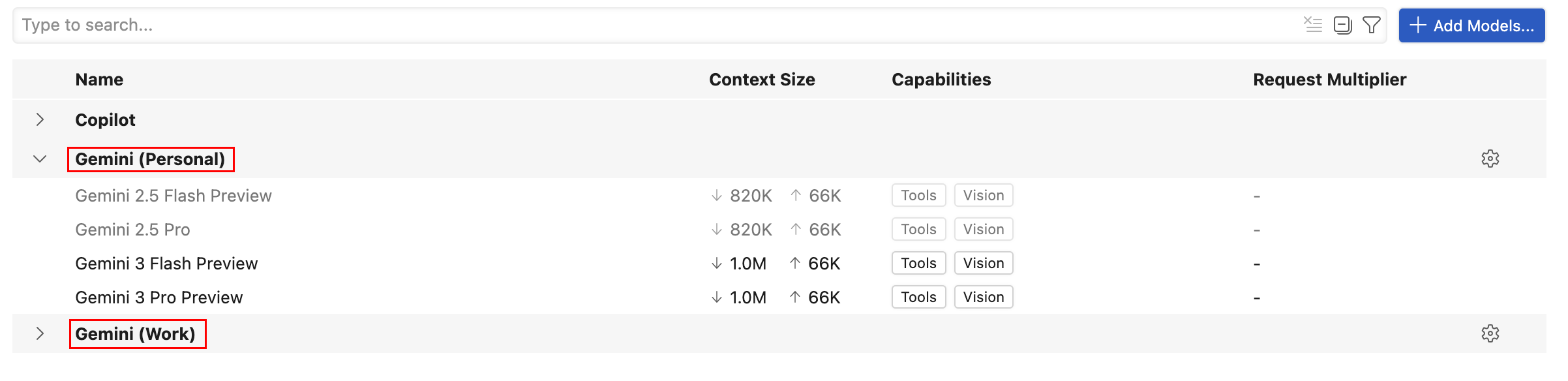 Screenshot showing multiple Gemini groups with different configurations.