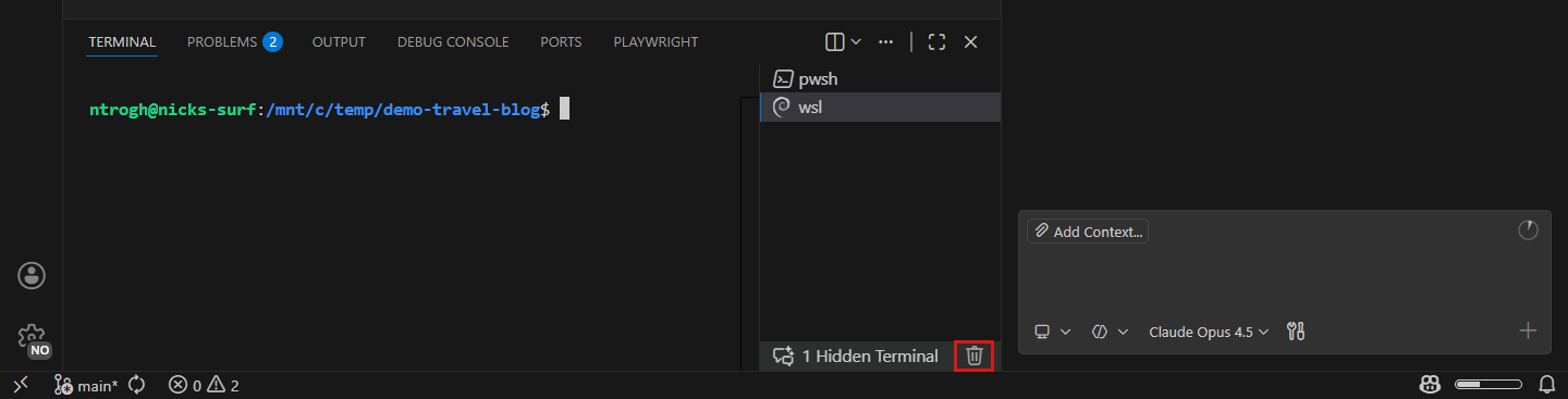 Screenshot showing delete icon on Hidden terminals entry in the tabs list.