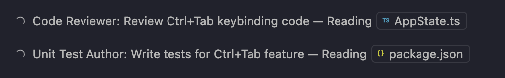 Screenshot showing two active subagents in chat with an active spinner next to them.