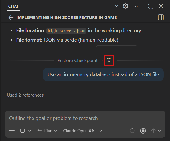 Screenshot showing the Fork Conversation button on a chat request.