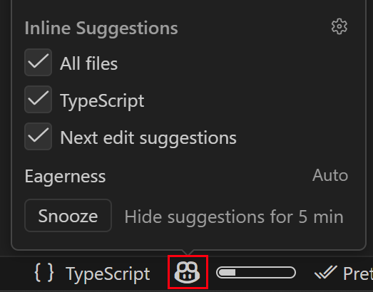 Screenshot showing the NES eagerness option in the Copilot status bar menu.