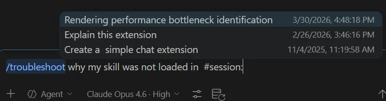 Screenshot of the chat input showing a troubleshoot prompt with the session picker listing previous sessions.