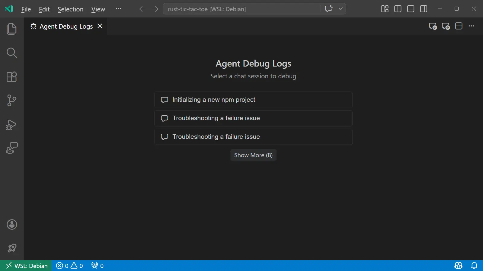 Screenshot showing the Agent Debug Logs panel with a list of historical session logs.