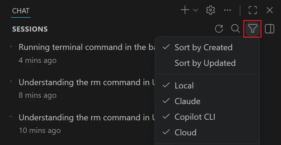 Screenshot of the Chat view with the filter context menu open, showing the sort by updated/created actions.