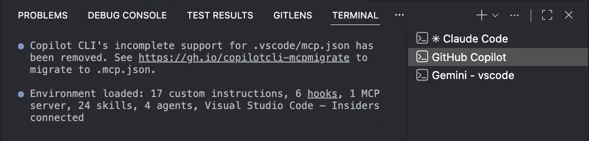Screenshot showing the terminal title reflecting the running agent CLI via its OSC title sequence.