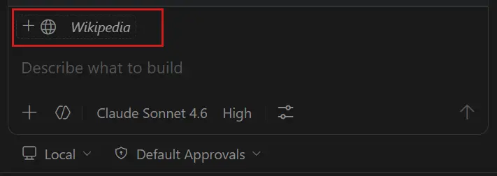Screenshot showing an implicit context item in the chat for adding the open browser to the chat context.