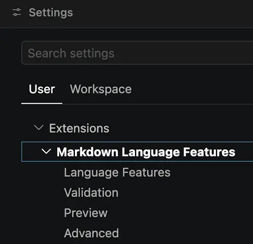 Screenshot showing the Markdown setting groups in the Settings editor.